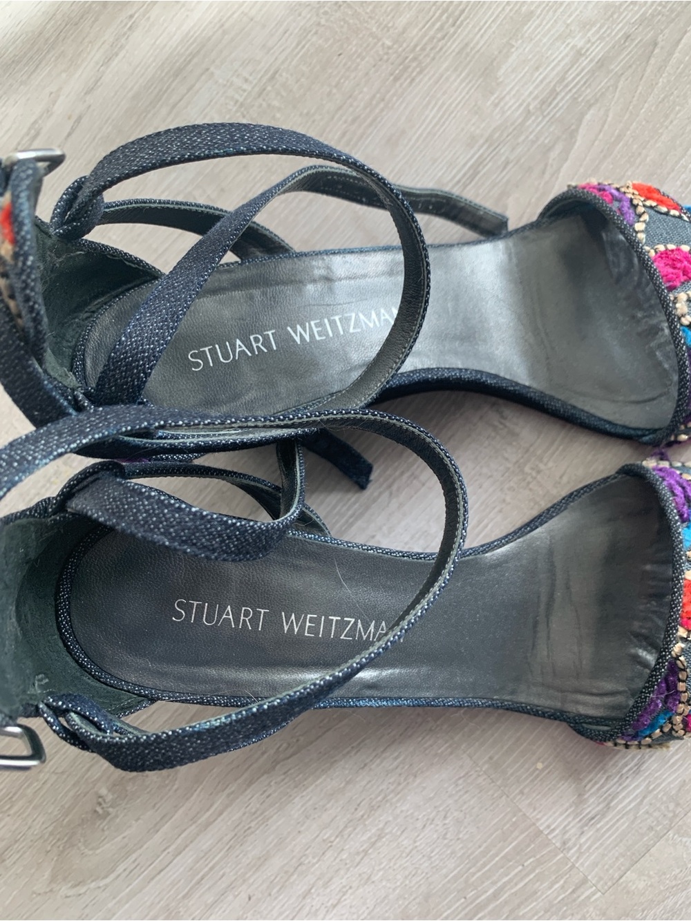 Stuart Weitzman Black Multicolor Embroidered Ankle-Tie Heels - Picture 4 of 7